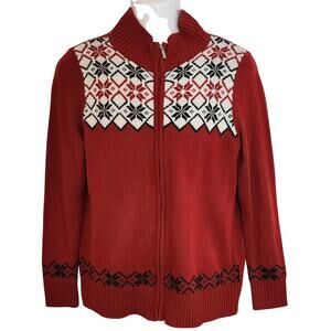 Basic Editions Red Nordic Fair Isle Full Zip Cardigan Sweater Women's Large